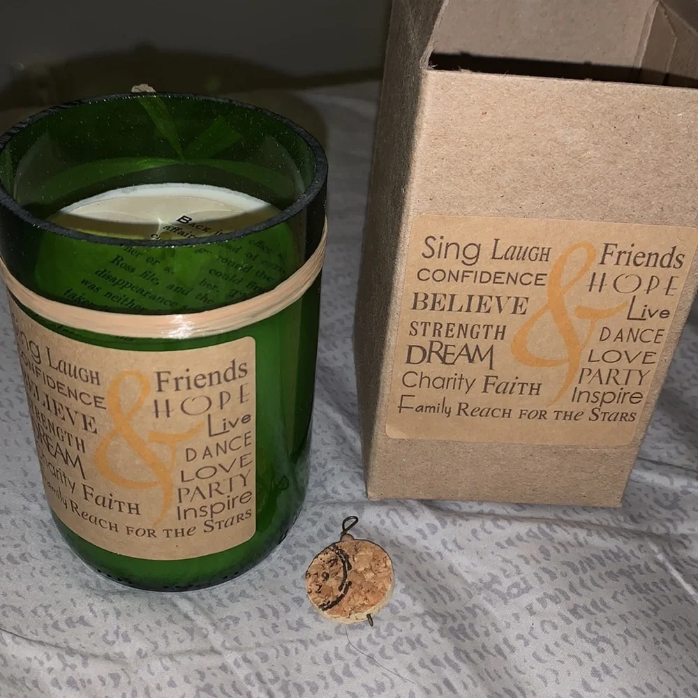 Handcrafted soy candle in recycled wine bottle friendship Champagne Peach